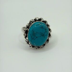 South Western Turquoise Oval Silver Twist Boho Ring 8.5